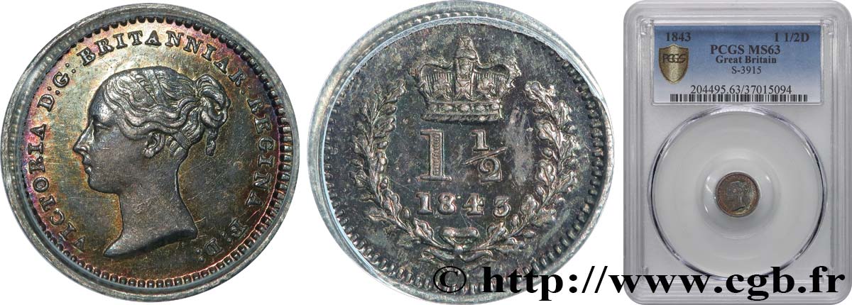 GRAN BRETAÑA - VICTORIA 1 1/2 Pence  1843  SC63 PCGS