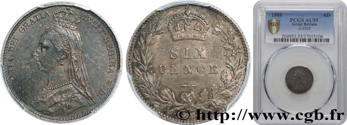 UNITED KINGDOM 6 Pence Victoria buste du jubilé 1888  AU55 PCGS