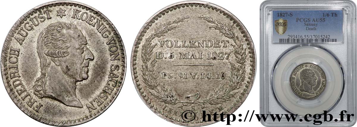 GERMANY - KINGDOM OF SAXONY - FREDERICK-AUGUSTUS 1/6 Thaler  1827  AU55 PCGS