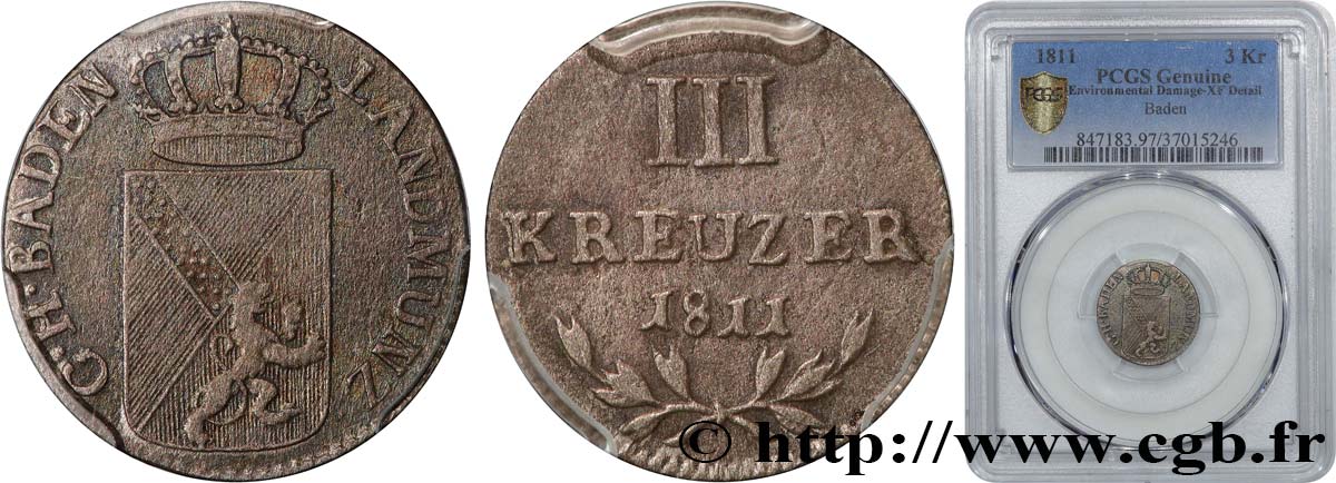 GERMANY - BADEN 3 Kreuzer Karl Friedrich 1811 Mannheim XF PCGS