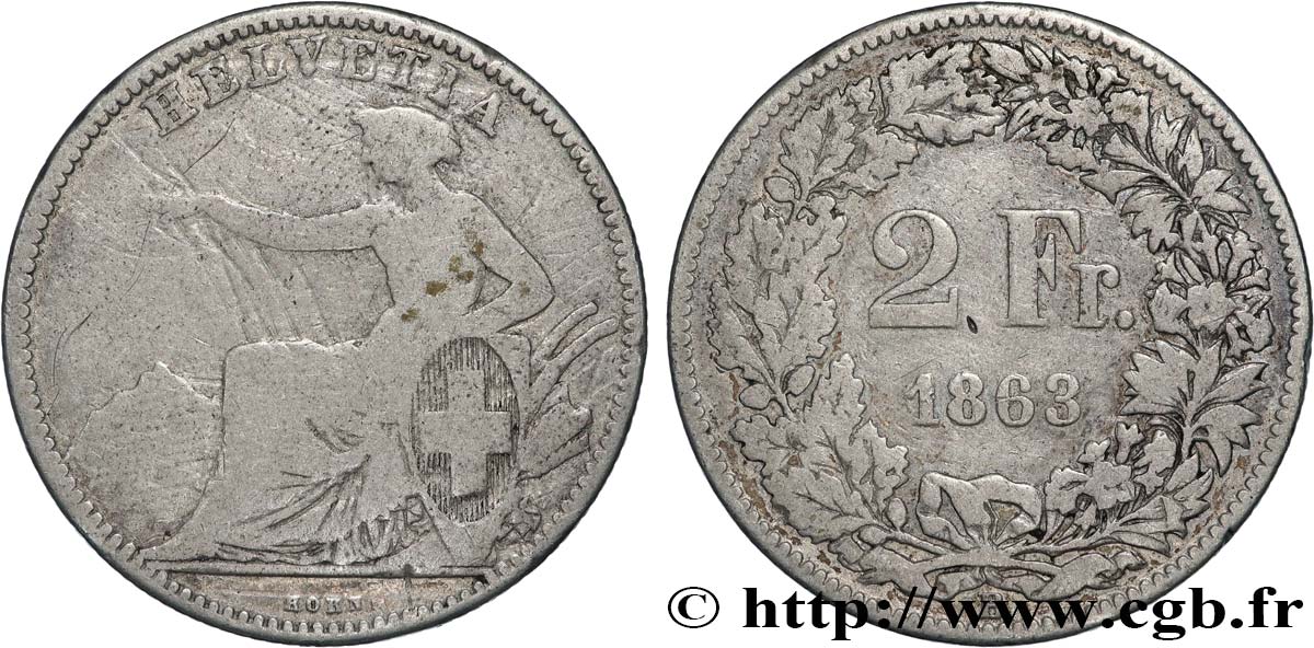 SWITZERLAND 2 Francs Helvetia 1863 Berne F 