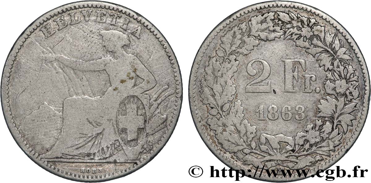 SUISSE 2 Francs Helvetia 1863 Berne B+ 