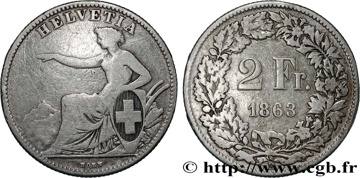 SVIZZERA  2 Francs Helvetia 1863 Berne q.MB 