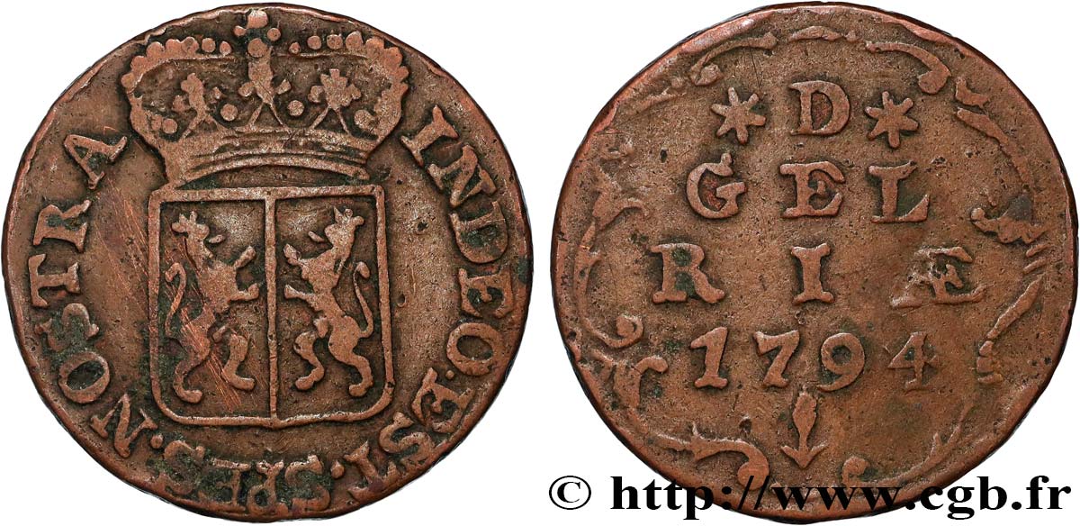 PAYS-BAS - PROVINCES-UNIES 1 Duit Gelderland 1794  TB+ 