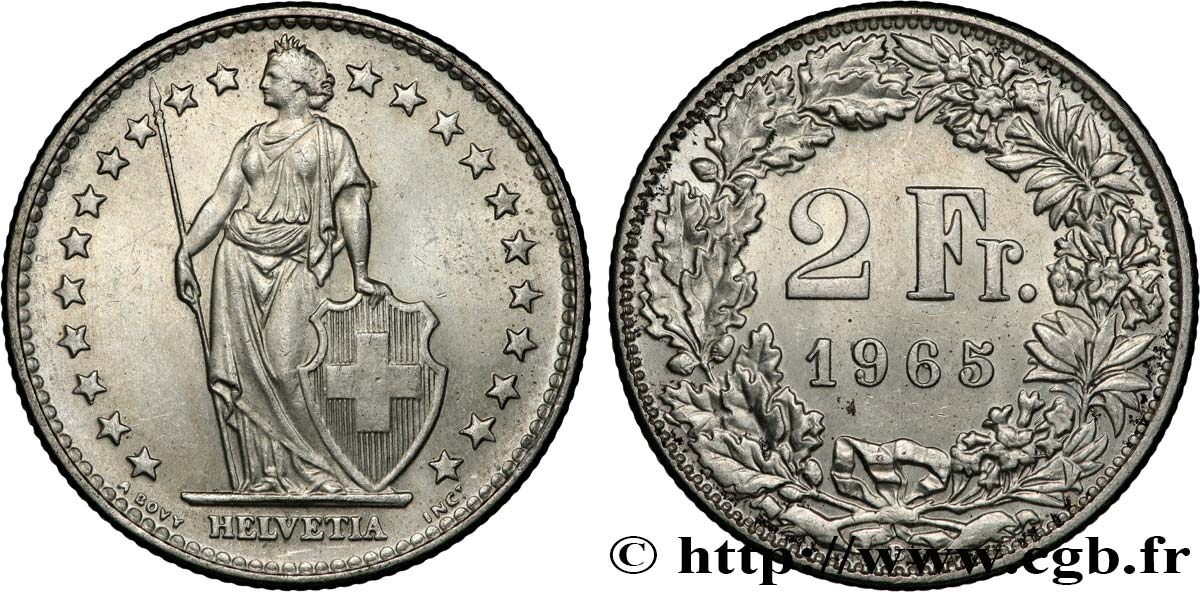 SWITZERLAND 2 Francs Helvetia 1965 Berne AU 