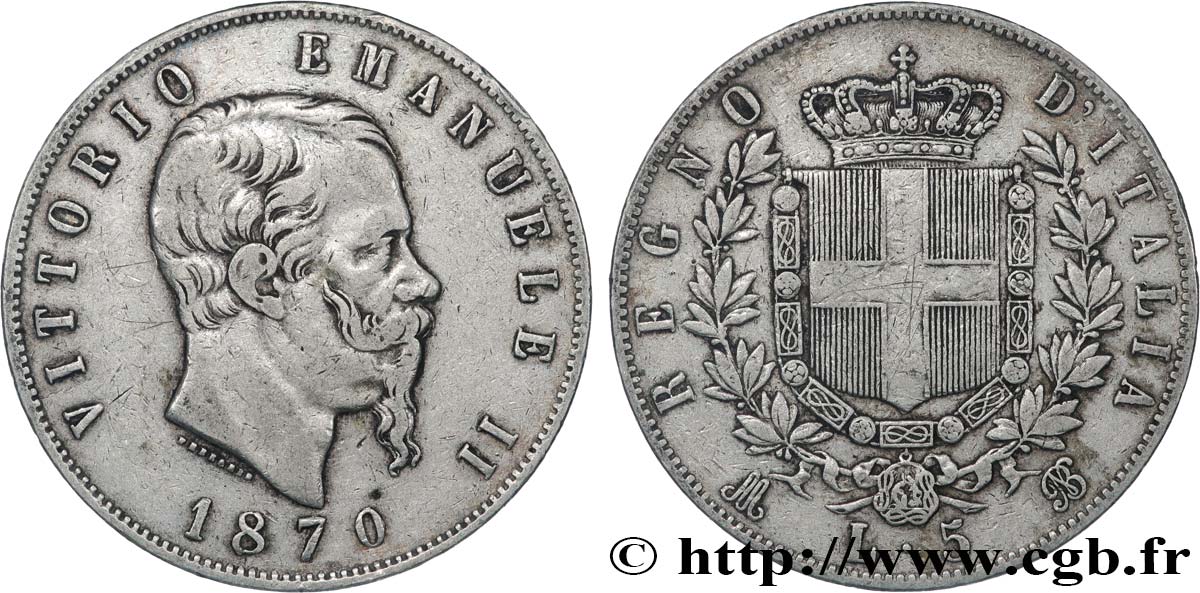 ITALIA 5 Lire Victor Emmanuel II 1870 Milan q.BB 