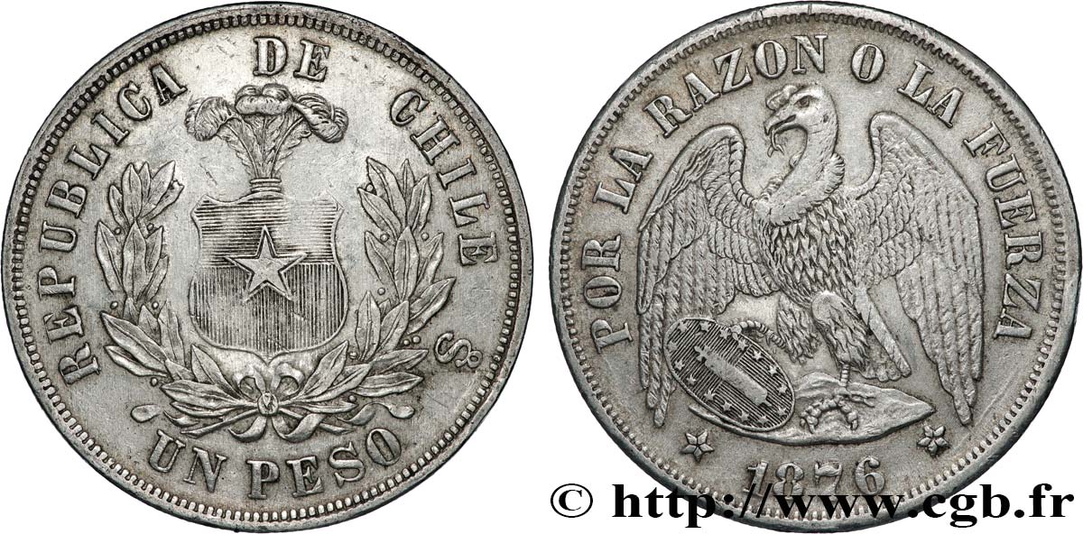 CHILI 1 Peso condor 1876 Santiago - S° TTB+ 