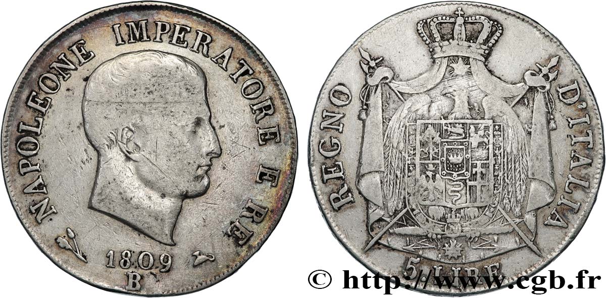 ITALIA - REGNO D ITALIA - NAPOLEONE I 5 lire, 1er type, tranche en relief 1809 Bologne q.BB 