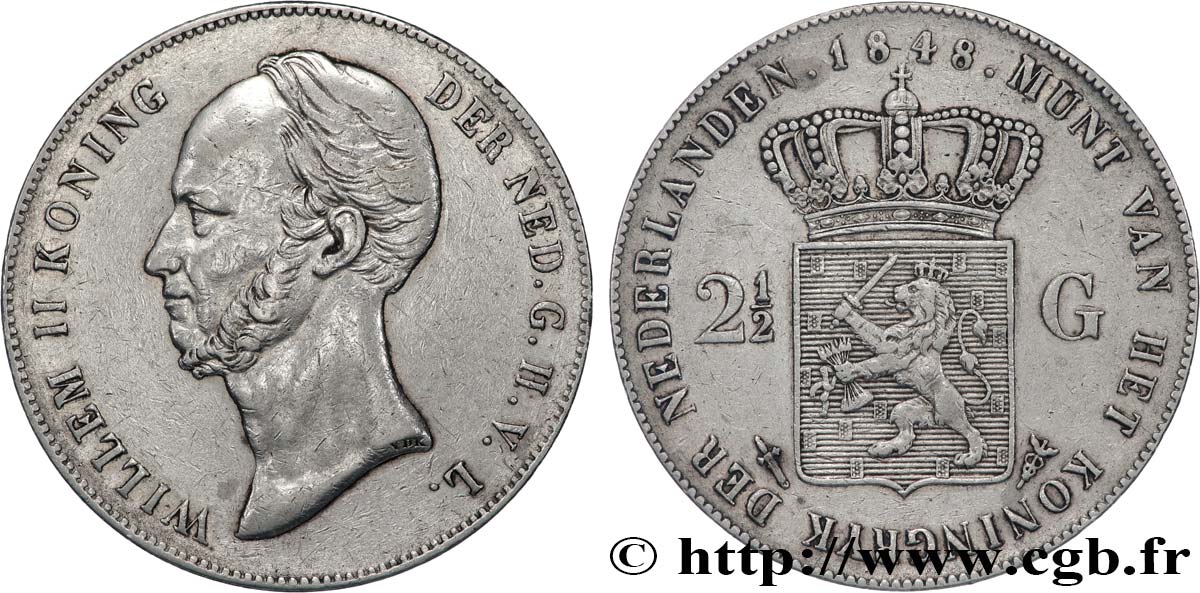 PAYS-BAS - ROYAUME DES PAYS-BAS - GUILLAUME II 2 1/2 Gulden  1848 Utrecht XF 