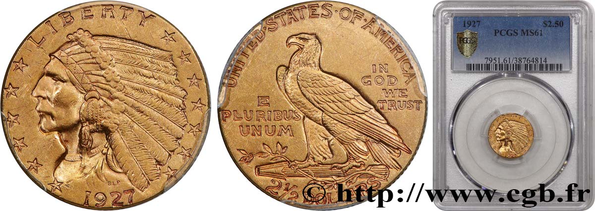 ÉTATS-UNIS D&nbsp;AMÉRIQUE 2 1/2 Dollars “tête d’indien”  1927 Philadelphie SUP61 PCGS