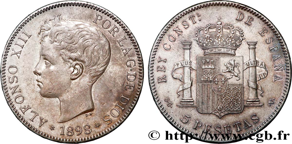 ESPAGNE - ROYAUME D ESPAGNE - ALPHONSE XIII 5 Pesetas  1898 Madrid TTB+ 