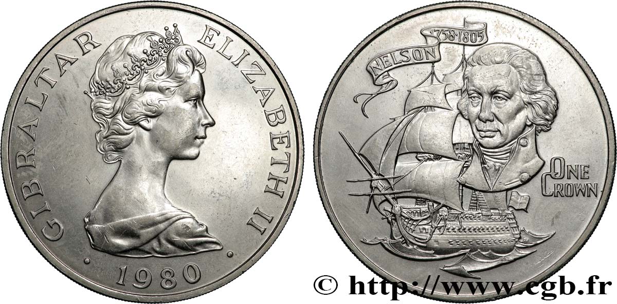 GIBRALTAR 1 Crown Elisabeth II / 175e anniversaire de la mort de l’amiral Nelson 1980  SUP 