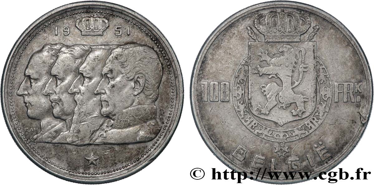 BELGIEN 100 Franken (Francs) Quatre rois de Belgique, légende flamande 1951  fSS 
