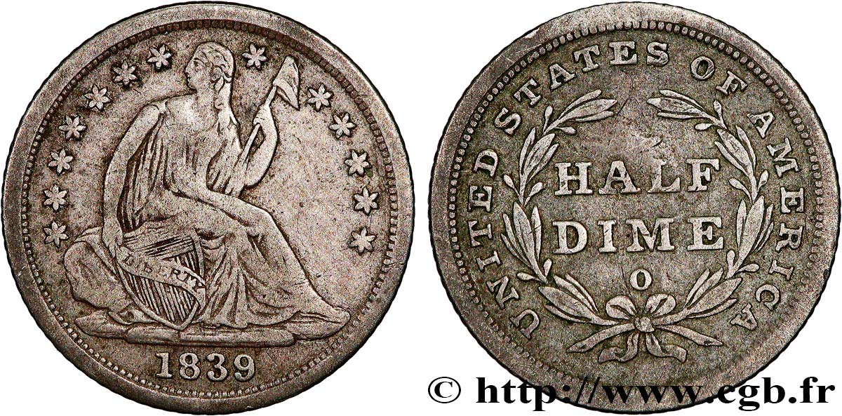 ÉTATS-UNIS D AMÉRIQUE 1/2 Dime (5 Cents) Liberté assise 1839 La Nouvelle-Orléans TTB 