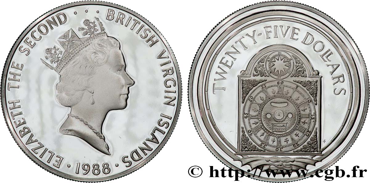 BRITISCHE JUNGFERNINSELN 25 Dollars Proof Elisabeth II / Horloge antique 1985  fST 