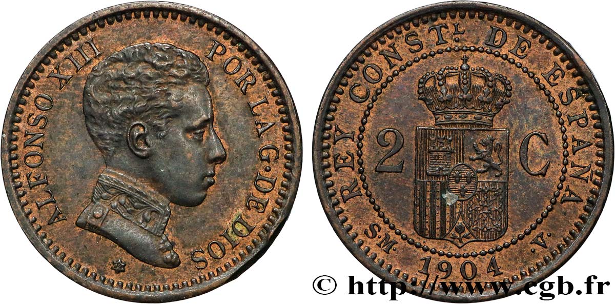 ESPAGNE 2 Centimos Alphonse XIII 1904 Madrid TTB+ 