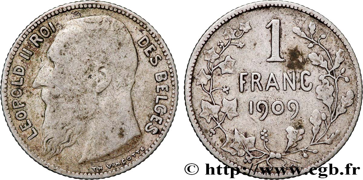 BELGIQUE 1 Franc Léopold II légende française 1909  TB+ 