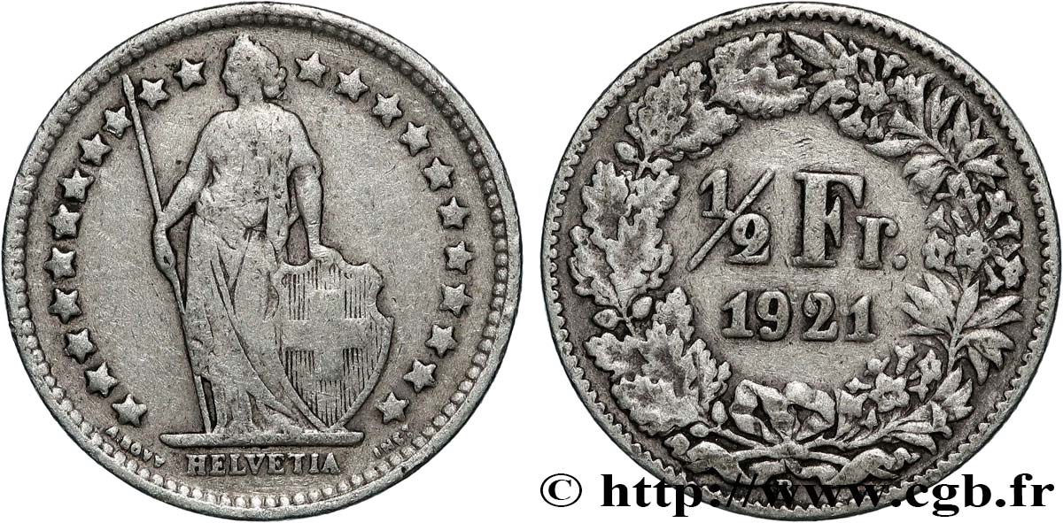 SUIZA 1/2 Franc Helvetia 1921 Berne - B BC+ 