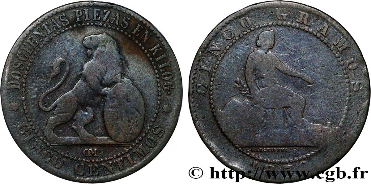 ESPAÑA 5 Centimos “ESPAÑA” 1870 Oeschger Mesdach & CO BC 