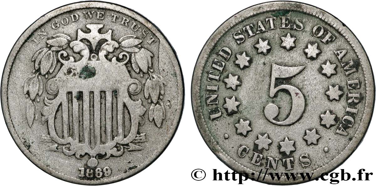 UNITED STATES OF AMERICA 5 Cents bouclier variété sans rayons entre les étoiles 1869 Philadelphie VF 