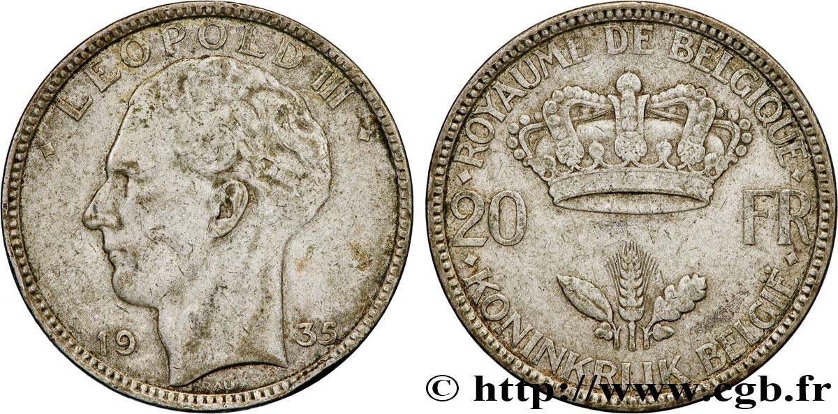 BELGIQUE 20 Francs Léopold III  1935  TB+ 