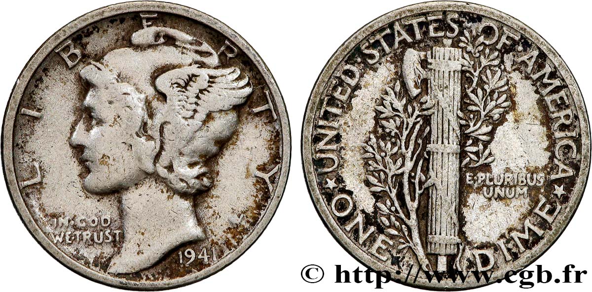 ÉTATS-UNIS D&nbsp;AMÉRIQUE 1 Dime Mercury 1941 Philadelphie TB+ 