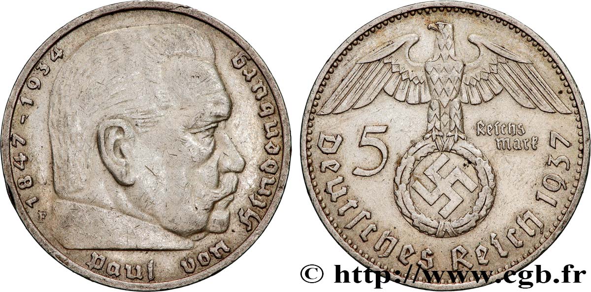 ALLEMAGNE 5 Reichsmark Maréchal Paul von Hindenburg 1937 Stuttgart TTB 