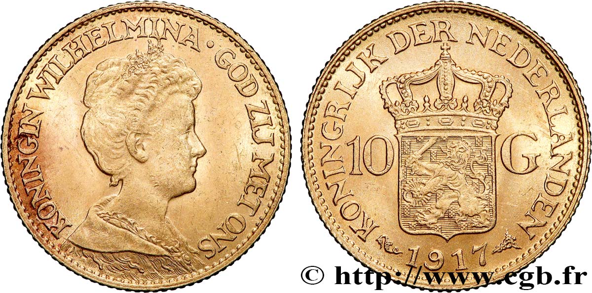 INVESTMENT GOLD 10 Gulden, 3e type Wilhelmina 1917 Utrecht MBC+ 