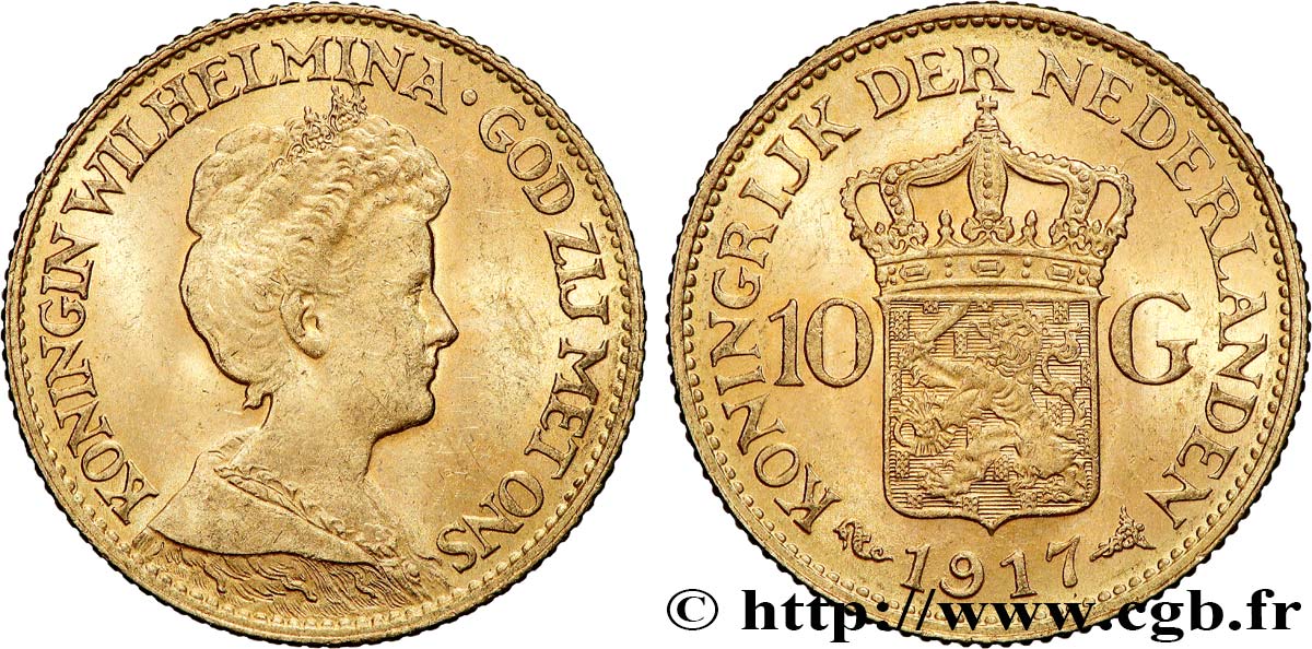 OR, PALLADIUM ET PLATINE INVESTISSEMENT 10 Gulden, 3e type Wilhelmina 1917 Utrecht TTB+ 