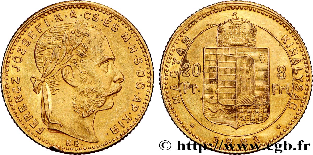 INVESTMENT GOLD 20 Francs or ou 8 Forint, 2e type François-Joseph Ier 1882 Kremnitz AU 