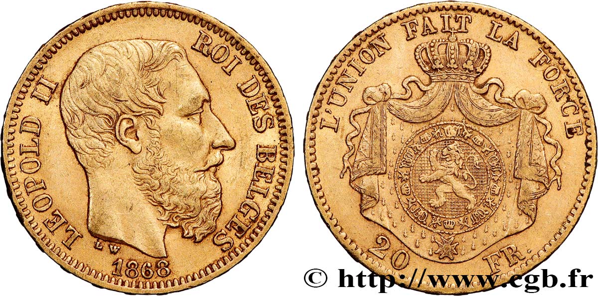 OR, PALLADIUM ET PLATINE INVESTISSEMENT 20 Francs Léopold II 1868 Bruxelles TTB 