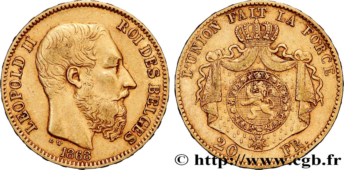 INVESTMENT GOLD 20 Francs Léopold II 1868 Bruxelles XF 