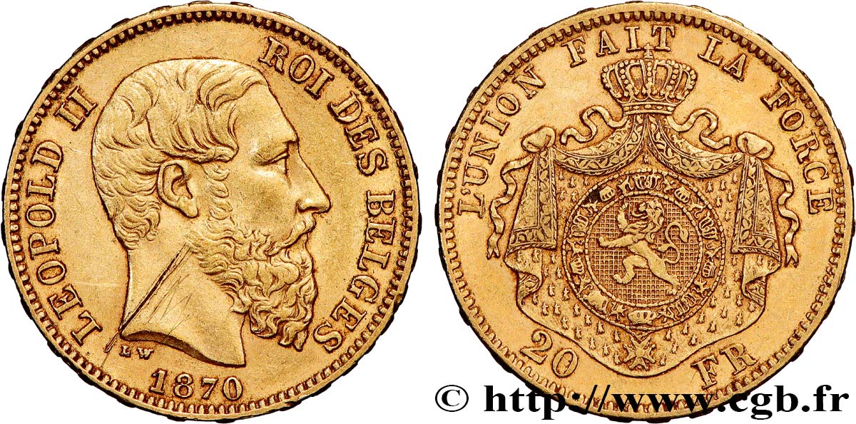 INVESTMENT GOLD 20 Francs Léopold II 1870 Bruxelles XF 