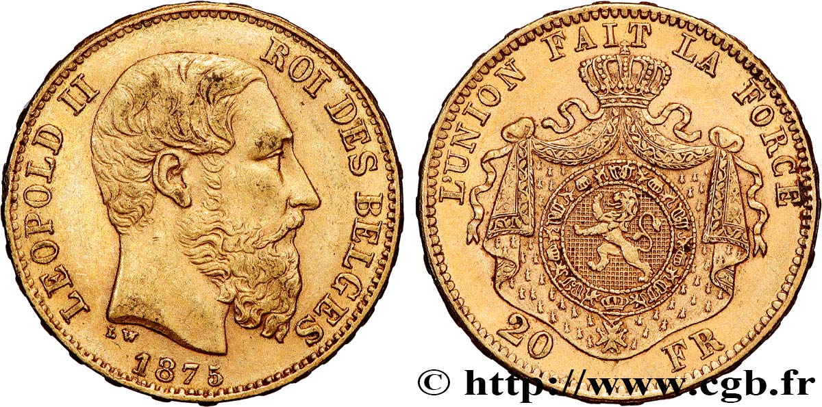 INVESTMENT GOLD 20 Francs Léopold II 1875 Bruxelles MBC 