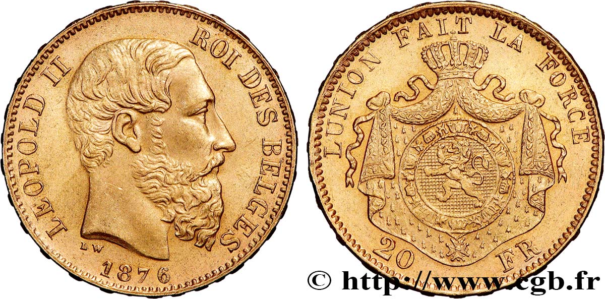 OR D INVESTISSEMENT 20 Francs Léopold II 1876 Bruxelles TTB+ 