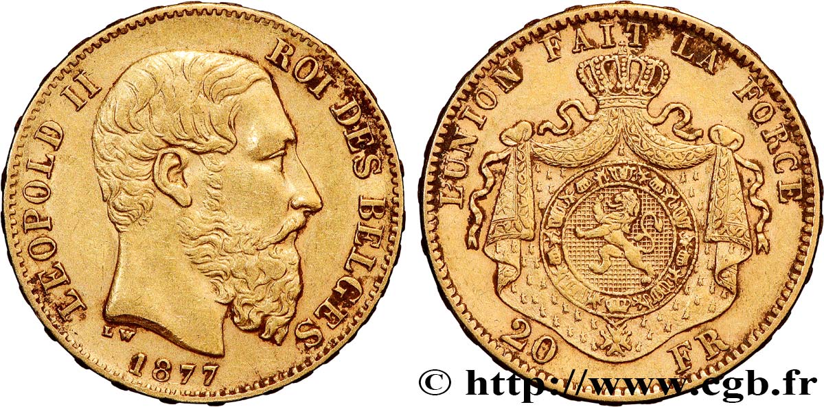 INVESTMENT GOLD 20 Francs Léopold II 1877 Bruxelles SS 