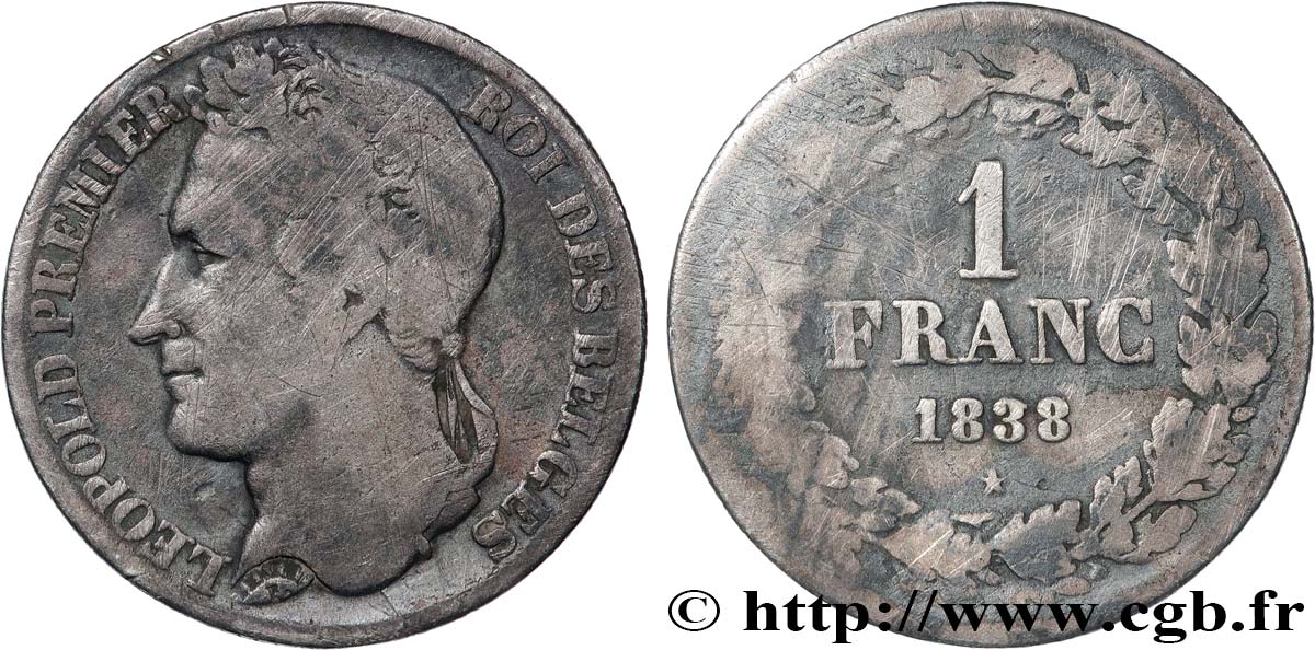 BELGIQUE - ROYAUME DE BELGIQUE - LÉOPOLD Ier 1 Franc tête laurée 1838 Bruxelles VF 