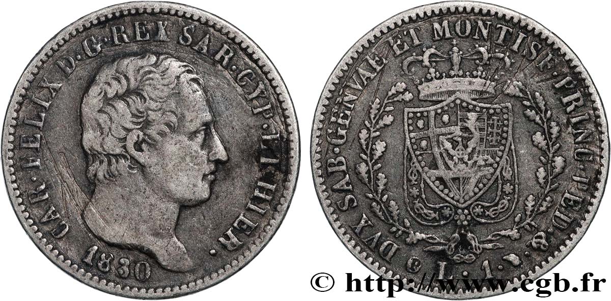 ITALIA - REINO DE CERDEÑA 1 Lira Charles Félix 1830 Turin BC+ 