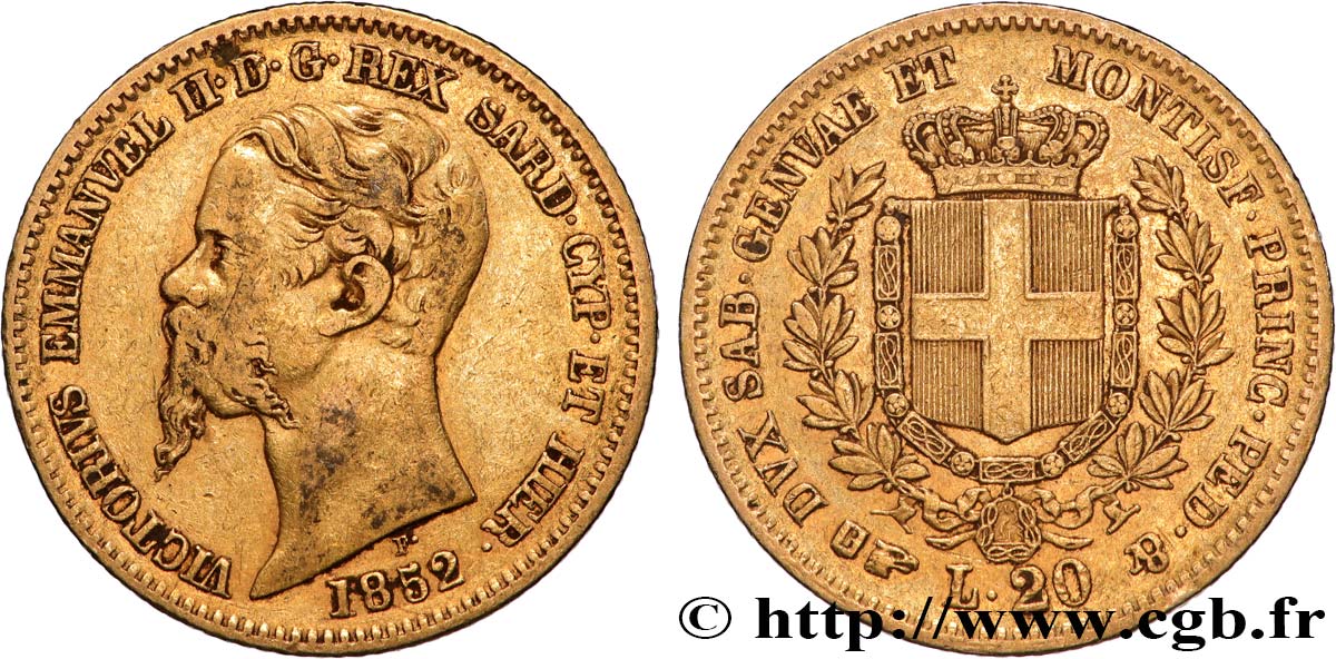 ITALIA - REINO DE CERDEÑA 20 Lire Victor Emmanuel II 1852 Turin BC+ 