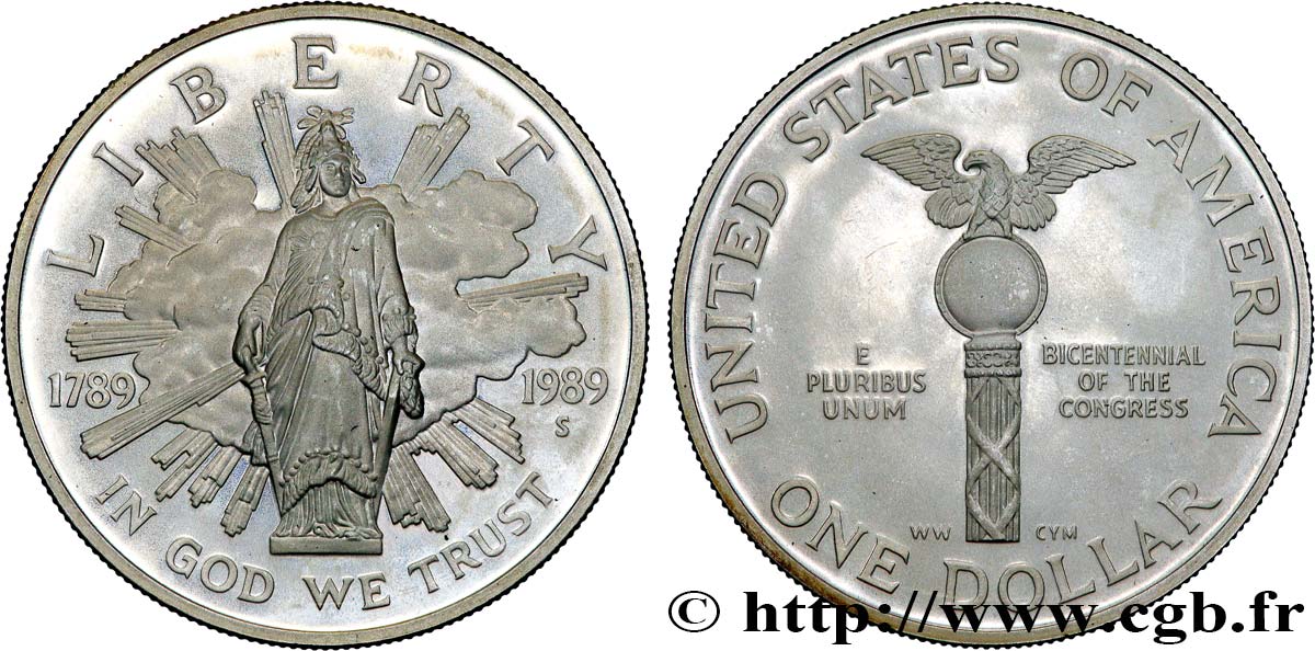 ÉTATS-UNIS D&nbsp;AMÉRIQUE 1 Dollar Proof bicentenaire du Congrès 1989 San Francisco - S SPL 