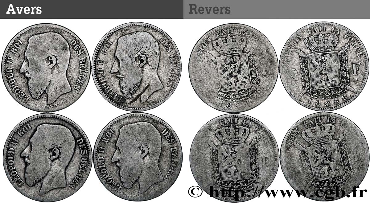 BELGIQUE Lot 4 x 2 Francs Léopold II  1866-1867  B 