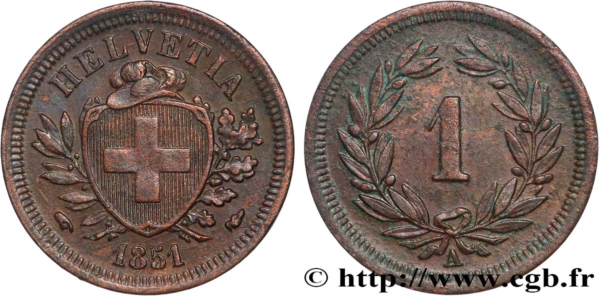 SWITZERLAND 1 Centime (Rappen) 1851 Paris XF 