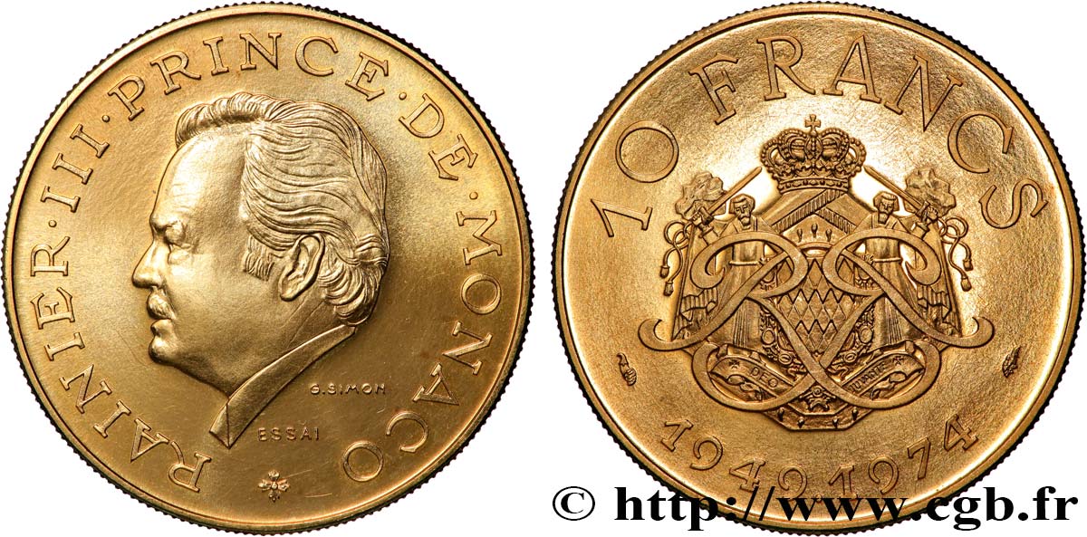MONACO - PRINCIPATO DI MONACO - RANIERI III Essai 10 francs en or 1974 Paris MS 