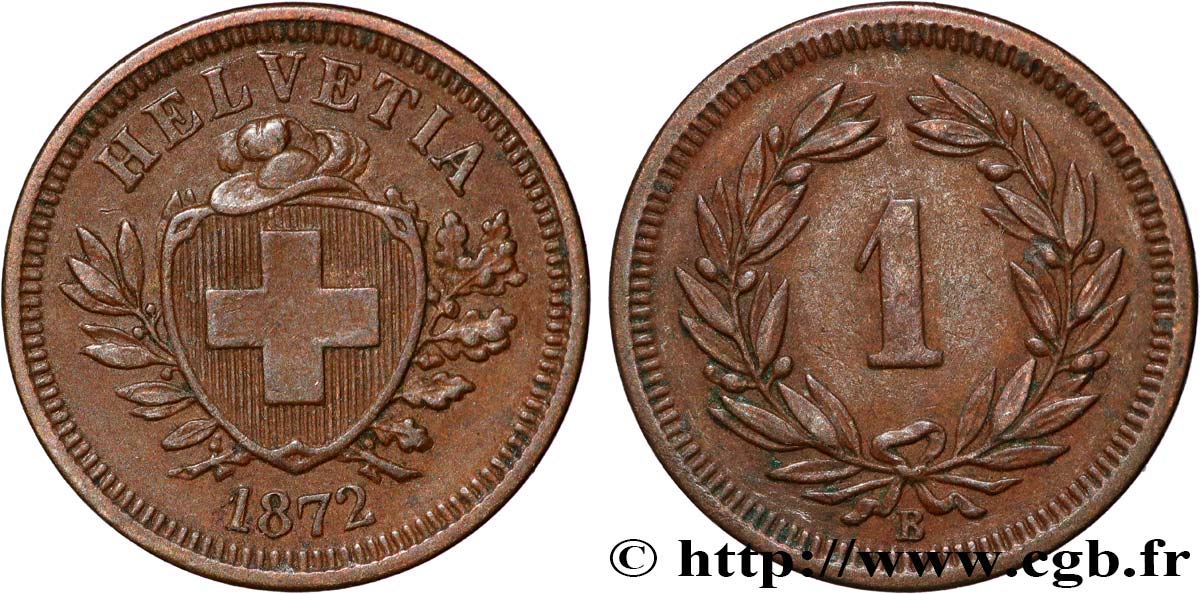 SWITZERLAND - CONFEDERATION OF HELVETIA 1 Centime (Rappen) 1872 Berne AU 