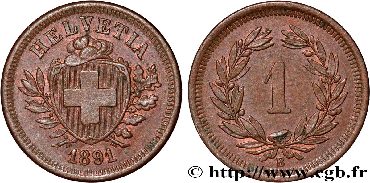 SWITZERLAND 1 Centime (Rappen) 1891 Berne AU 