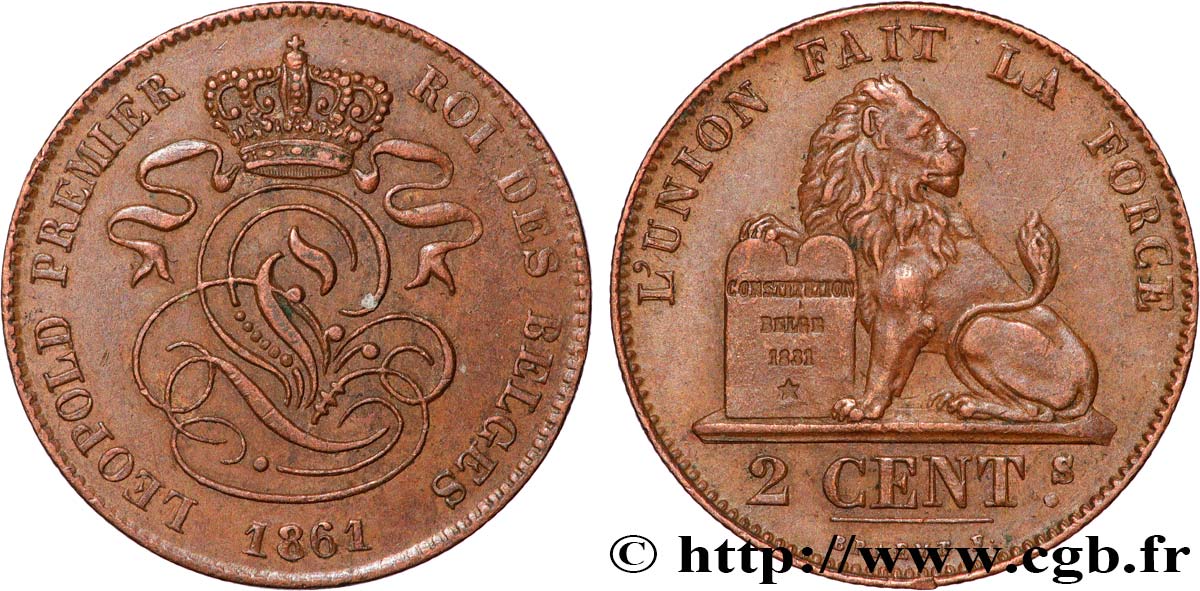 BELGIQUE 2 Centimes lion monogramme de Léopold Ier 1861  TTB+ 