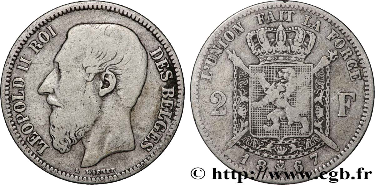 BELGIQUE 2 Francs Léopold II légende française 1867  TB 