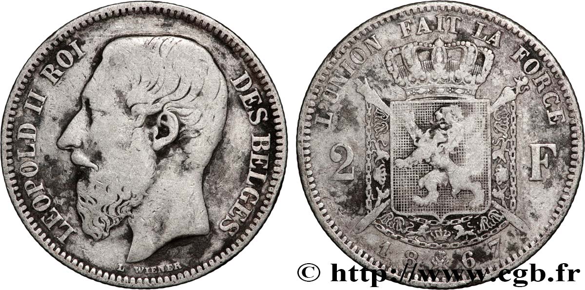BELGIQUE 2 Francs Léopold II légende française 1867  TB 
