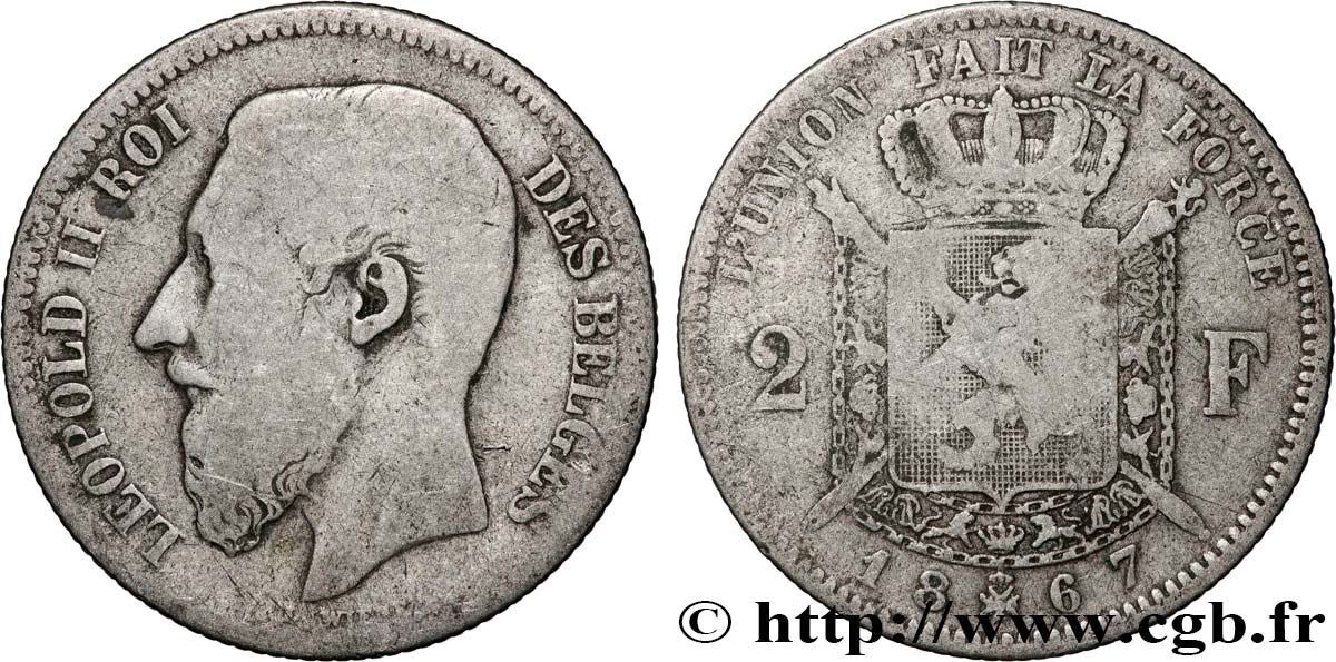 BELGIQUE 2 Francs Léopold II légende française 1867  TB 