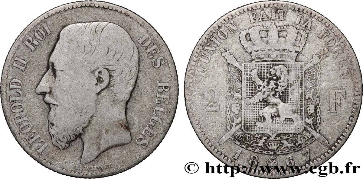 BELGIQUE 2 Francs Léopold II légende française 1867  TB 